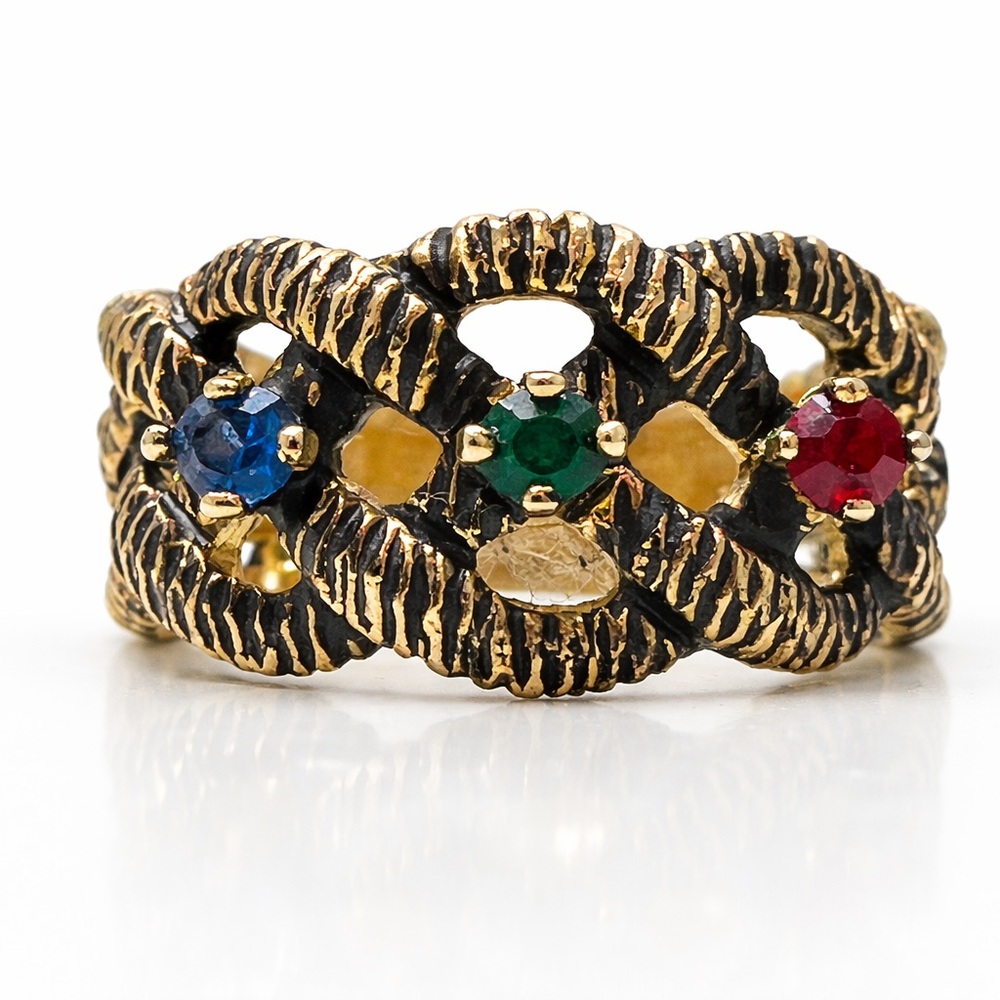 Vintage Brass Birthstone Braided Band Ring Boho Size 6.75 retro Look